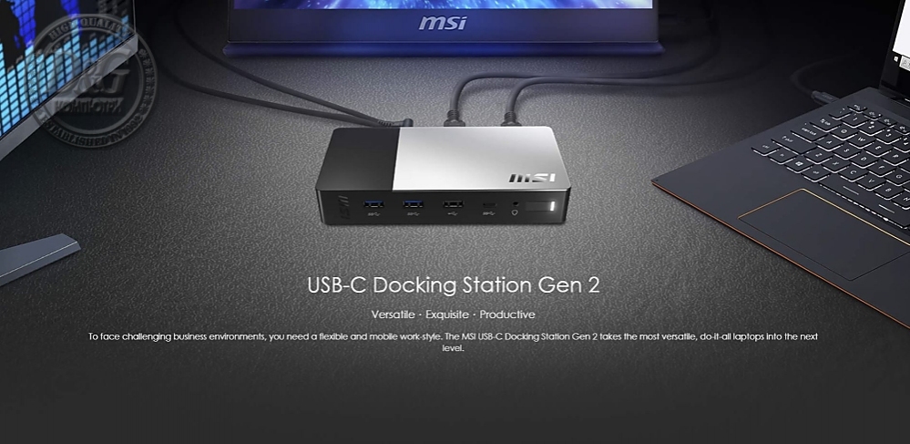 MSI USB-C Docking Station Gen 2,  Support 100W PD Charging, up to 3 Monitors, 1x (4K@60Hz) HDMI, 1xType-C (USB3.2 Gen2/DP), 1x DP, Gb LAN, 1x Mic-in/Headphone-out Combo Jack, 1x USB2.0, 1x Type-C USB3.2 Gen2, 2x Type-A USB3.2 Gen2, 150W adapter