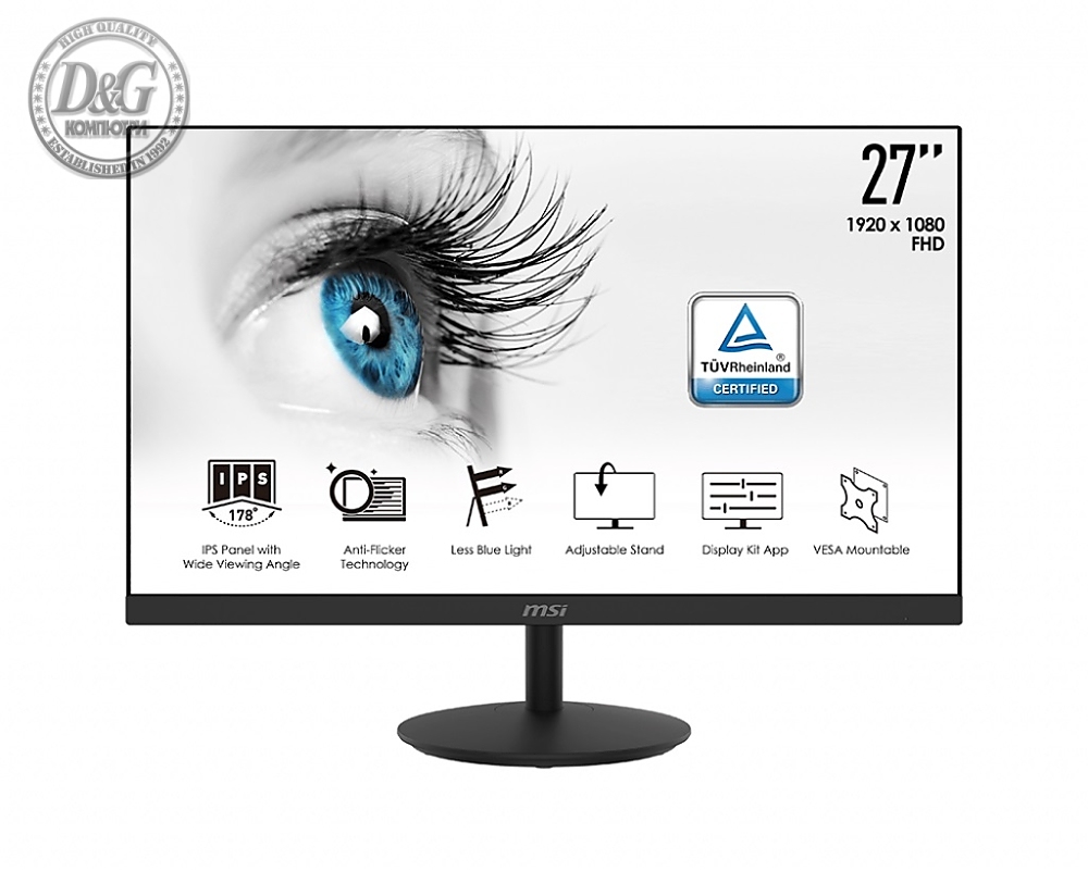 MSI PRO MP271, 27", IPS, 5ms, FHD 1920x1080, Exclusive Display Kit, Anti-Glare, Less Blue Light, Anti-Flicker, Speakers 2x2W, HDMI (Up to 75Hz), VGA, Mic-in, Headphone out, 250 cd/m2, Tilt, VESA 100, 9S6-3PA2CT-039