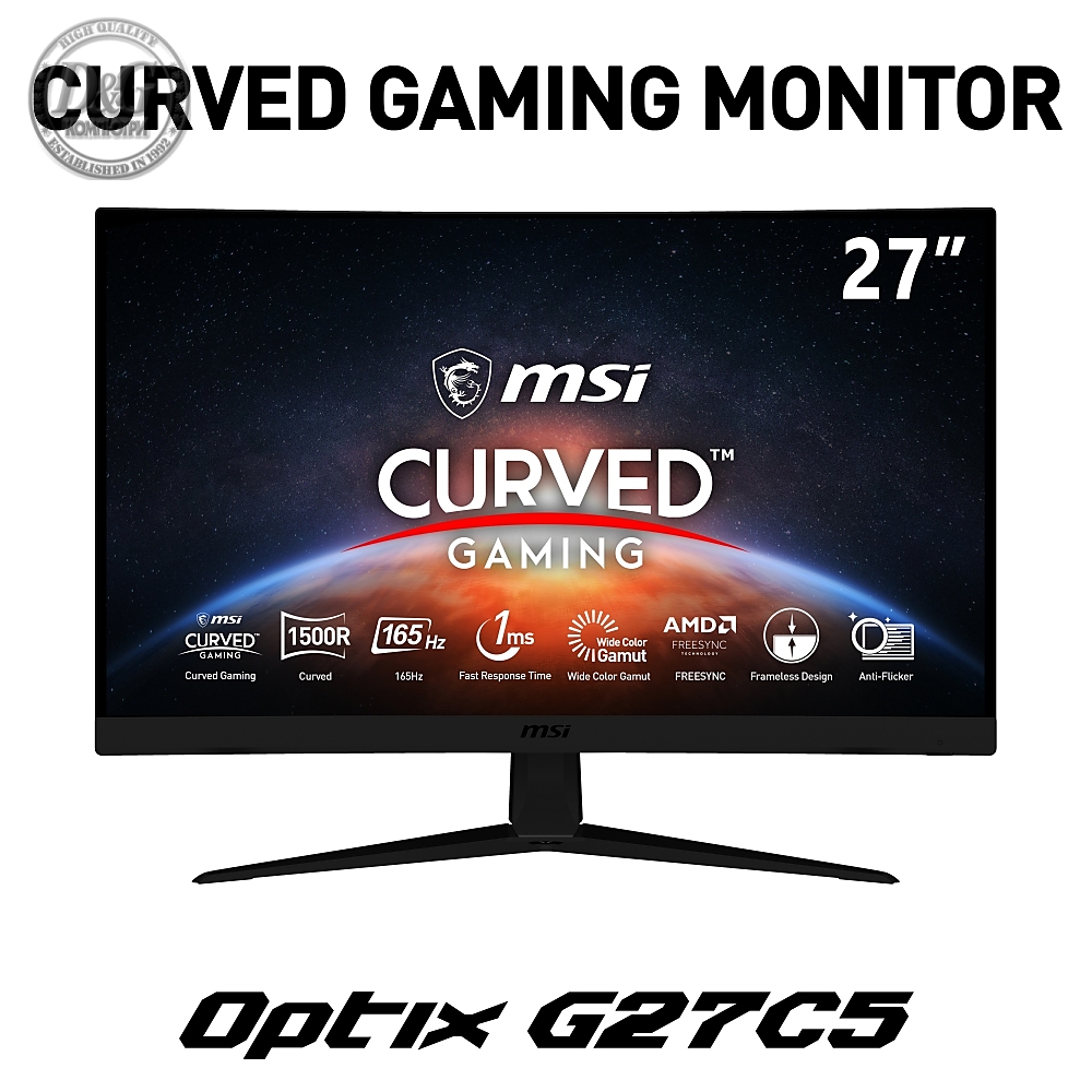 MSI Optix G27C5, 27'', VA, 165Hz, 1ms, FHD 1920x1080, Curve 1500R, FreeSync, Anti-Flicker, Less Blue Light, True colors, Anti-Glare, Frameless, 250 cd/m, Contrast 3000:1, DCR 100M:1, 1xDP, 2xHDMI, 1xEarphone out, VESA, Tilt, 36M, 9S6-3CA91T-021