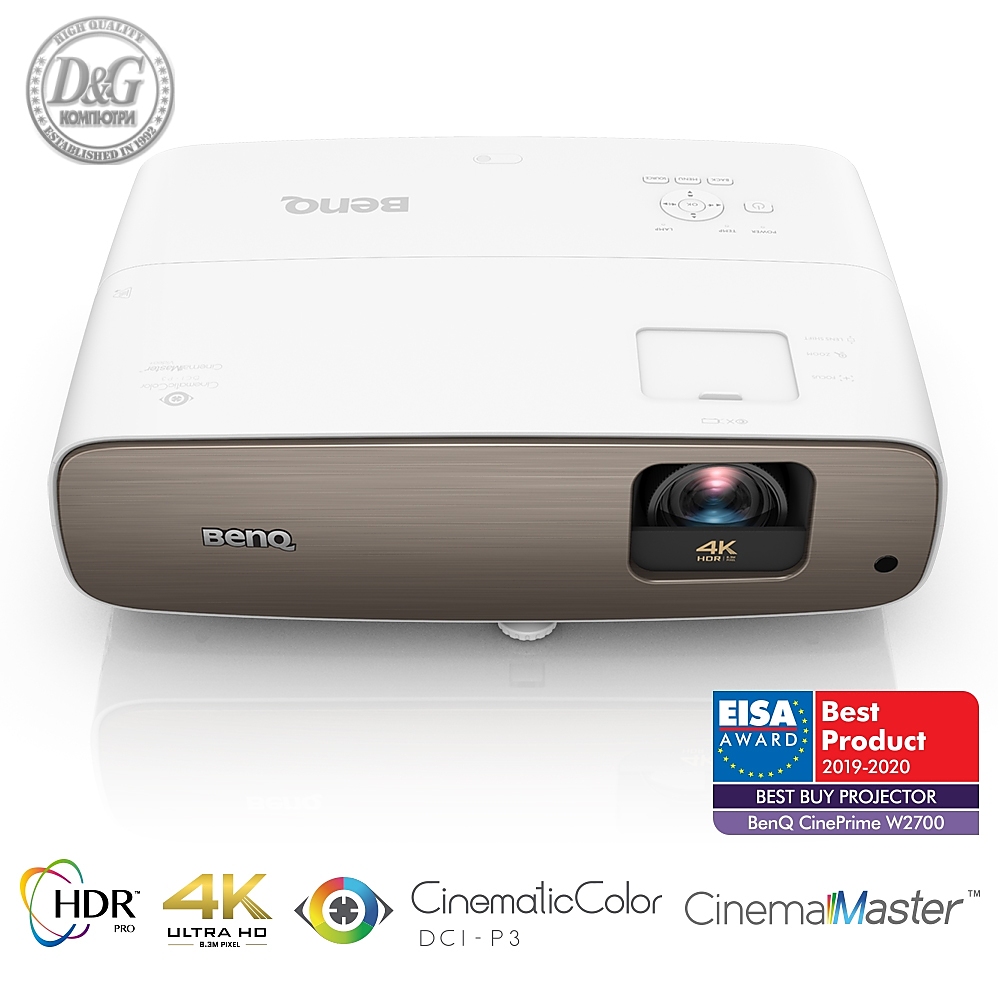 BenQ W2700, Cine Prime, 4K 3840x2160, HDR PRO, 2000 ANSI lumens, Zoom 1.3x, 30000:1, ISFccc, CinematicColor, Calibration report, 95% DCI-P3, 100% Rec.709, USB Type-A 3.0, Media reader, 2xHDMI, RS232, Audio Out, 12V Trigger,