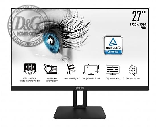 MSI PRO MP271P, 27", IPS, 5ms, FHD 1920x1080, Exclusive Display Kit, Anti-Glare, Less Blue Light, Anti-Flicker, Speakers 2x2W, HDMI (Up to 75Hz), VGA, Mic-in, Headphone out, 1000:1, 250 cd/m2, Tilt, Heigh. Adj., VESA 100, 9S6-3PA2AT-019