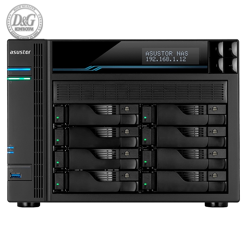 Asustor Lockerstore 8 AS6508T, 8-Bay NAS, Intel ATOM C3538 Quad-Core (Denverton 2.1GHz), 8GB DDR4 (Max 32 GB) , 10 GbE x 2, 2.5 GbE x 2, USB 3.2 Gen-1 x 2, 8 x 2.5” / 3.5” SATA or SSD, 2x M.2PCIe (NvMe) or SATA SSD, with lock. tray, AES-NI hardware encr.