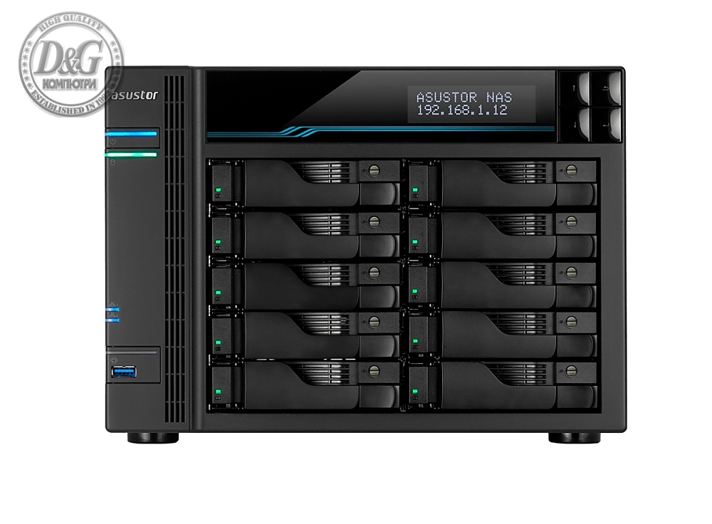 Asustor Lockerstore 10 AS6510T, 10-Bay NAS, Intel ATOM C3538 Quad-Core( Denverton 2.1GHz), 8GB DDR4 (Max 32 GB) , 10 GbE x 2, 2.5 GbE x 2, USB 3.2 Gen-1 x 2, 10 x 2.5” / 3.5” SATA or SSD, 2 x M.2PCIe (NvMe) or SATA SSD, with lockable tray, AES-NI hardwar