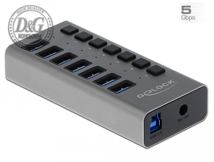 USB хъб Delock 63669, 7 x USB-A, 1 x USB-B, 5 Gbps, Превключвател, LED индикатор, Сив