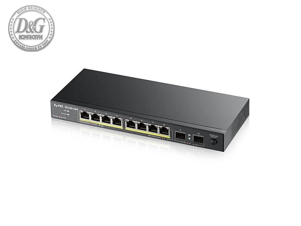 ZyXEL GS1100-10HP v2, unmanage PoE 8x Gigabit, 2x Fiber Uplink, 120 Watt PoE