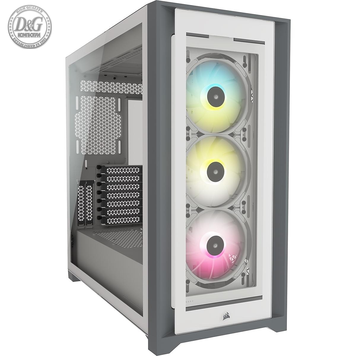 Кутия Corsair iCUE 5000X RGB Mid Tower, Tempered Glass, Бяло