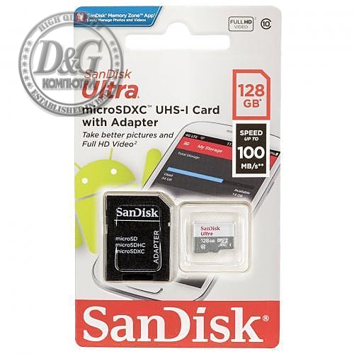 Карта памет SANDISK Ultra microSDHC UHS-I, 128GB, Class 10, 100Mb/s, Адаптер