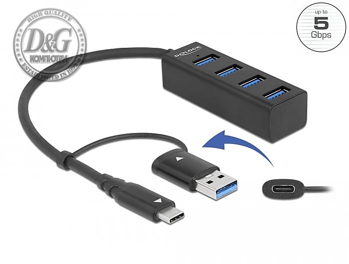 USB хъб Delock, 3.2 Gen 1, 4 x USB-A, USB-C, USB-A конектор, Черен