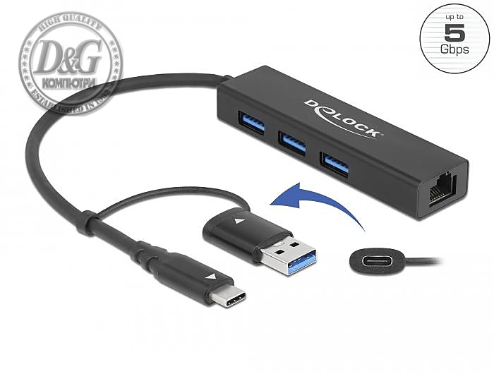 USB хъб Delock, 3.2 Gen 1, 3 x USB-A, Gigabit LAN, USB-C, USB-A конектор, Черен