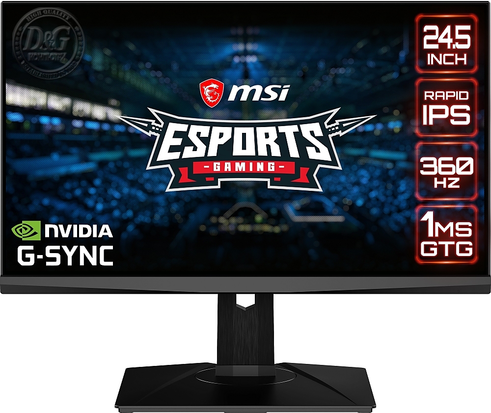 MSI Oculux NXG253R, 360Hz, Rapid IPS, 1ms, 24.5", FHD, NVIDIA G-SYNC, NVIDIA Reflex Latency Analyzer, Anti-Flicker and LBL, Mystic Light, 1x DP(1.4), 2x HDMI(2.0b), 1x Earphone out, 400 nits, 8bit, VESA100, USB3.2 hub, Heigh Adj. 130mm, 9S6-3BB07T-001