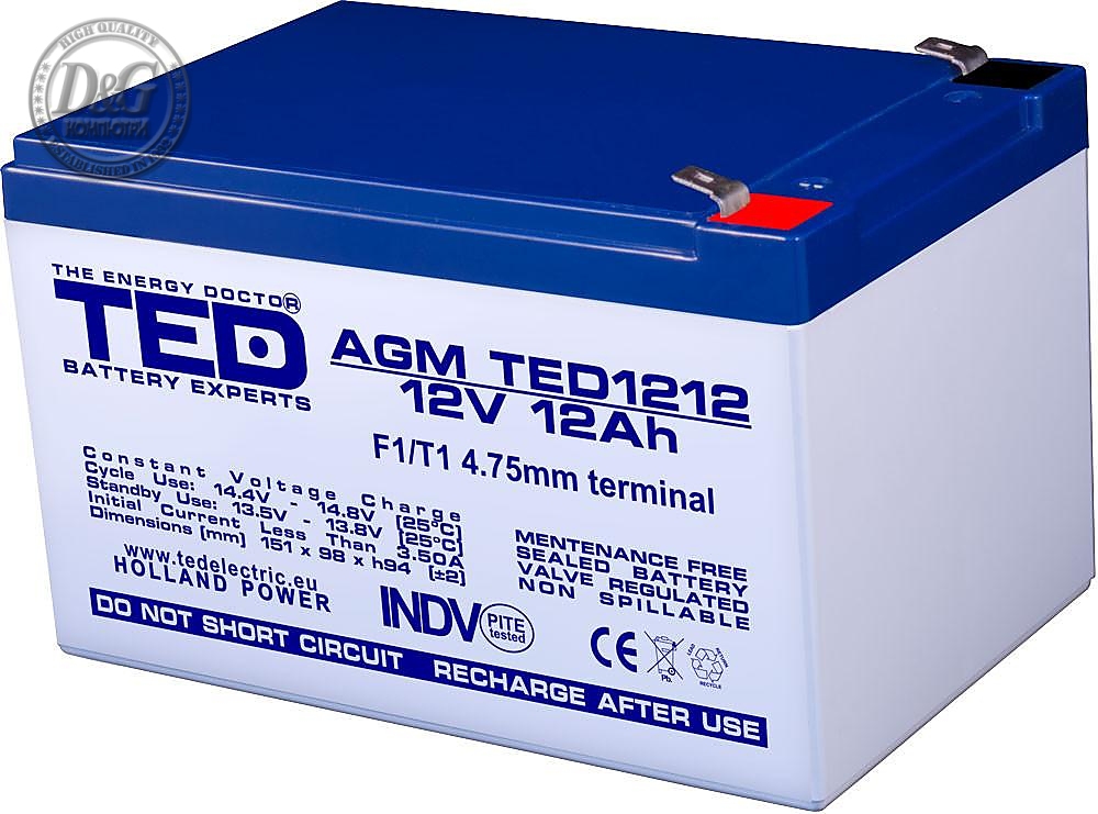 Оловна Батерия TED ELECTRIC 12 V / 12 Ah- 152 / 98 / 96 mm AGM