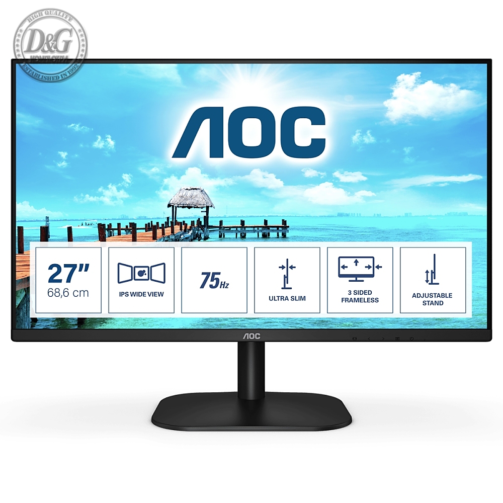 AOC 27B2H/EU, 27" IPS WLED, 1920x1080@75Hz, 4ms GTG, 250cd/m2, 1000:1, DC20M:1, FlickerFree, Low Blue Light, Tilt, D-SUB, HDMI