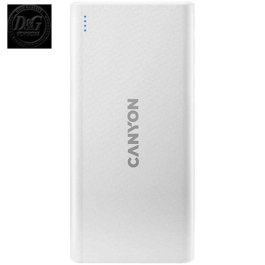 CANYON PB-106 Power bank 10000mAh Li-poly battery, Input 5V/2A, Output 5V/2.1A(Max), USB cable length 0.3m, 140*68*16mm, 0.24Kg, White