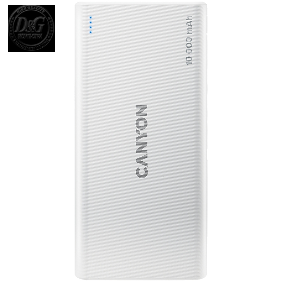 CANYON PB-108 Power bank 10000mAh Li-poly battery, Input 5V/2A, Output 5V/2.1A(Max), 140*68*16mm, 0.230Kg, White