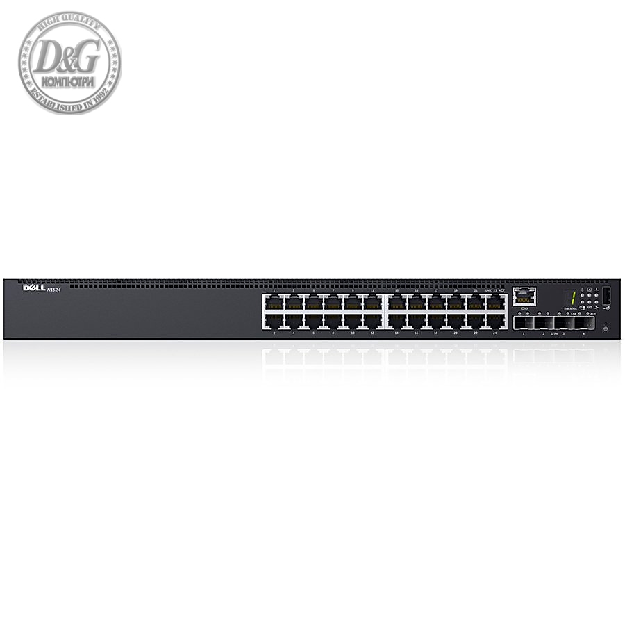 Dell Networking N1524, 24x 1GbE + 4x 10GbE SFP+ fixed ports, Stacking, IO to PSU airflow, AC