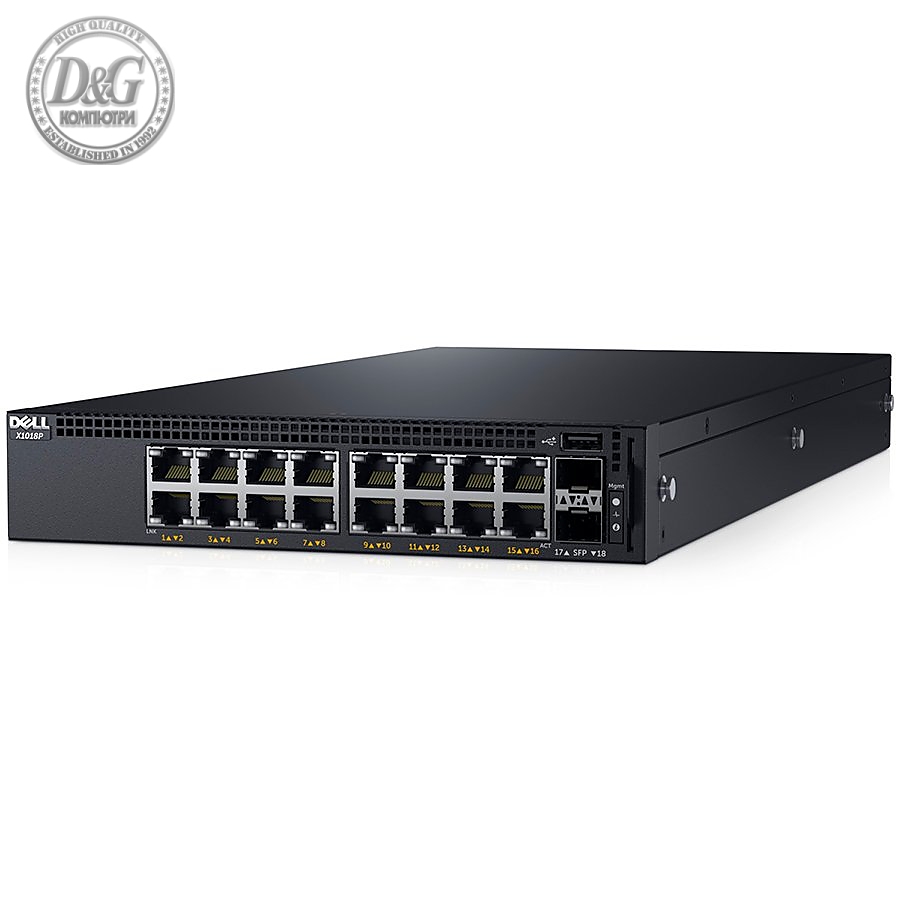 Dell Networking X1018P Smart Web Managed Switch, 16x 1GbE PoE and 2x 1GbE SFP ports