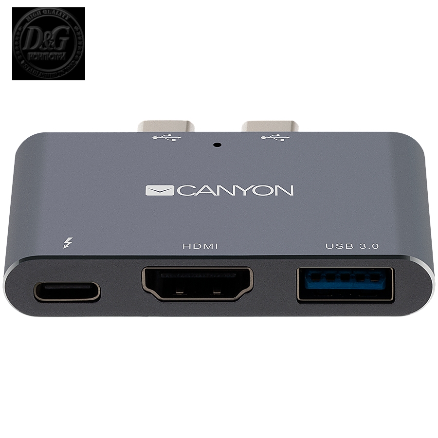 CANYON DS-1 Multiport Docking Station with 3 port, with Thunderbolt 3 Dual type C male port, 1*Thunderbolt 3 female+1*HDMI+1*USB3.0. Input 100-240V, Output USB-C PD100W&USB-A 5V/1A, Aluminium alloy, Space gray, 59*35.5*10mm, 0.028kg