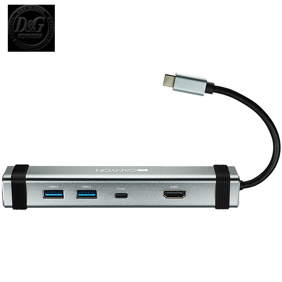 CANYON DS-3 Multiport Docking Station with 4 ports:1*Type C male+1*Type C female+2*USB3.0+1*HDMI, Input 100-240V, Output USB-C PD 5-20V/3A&USB-A 5V/1A, cabel 0.12m, Space grey, 150.8*33.7*24mm, 0.112kg