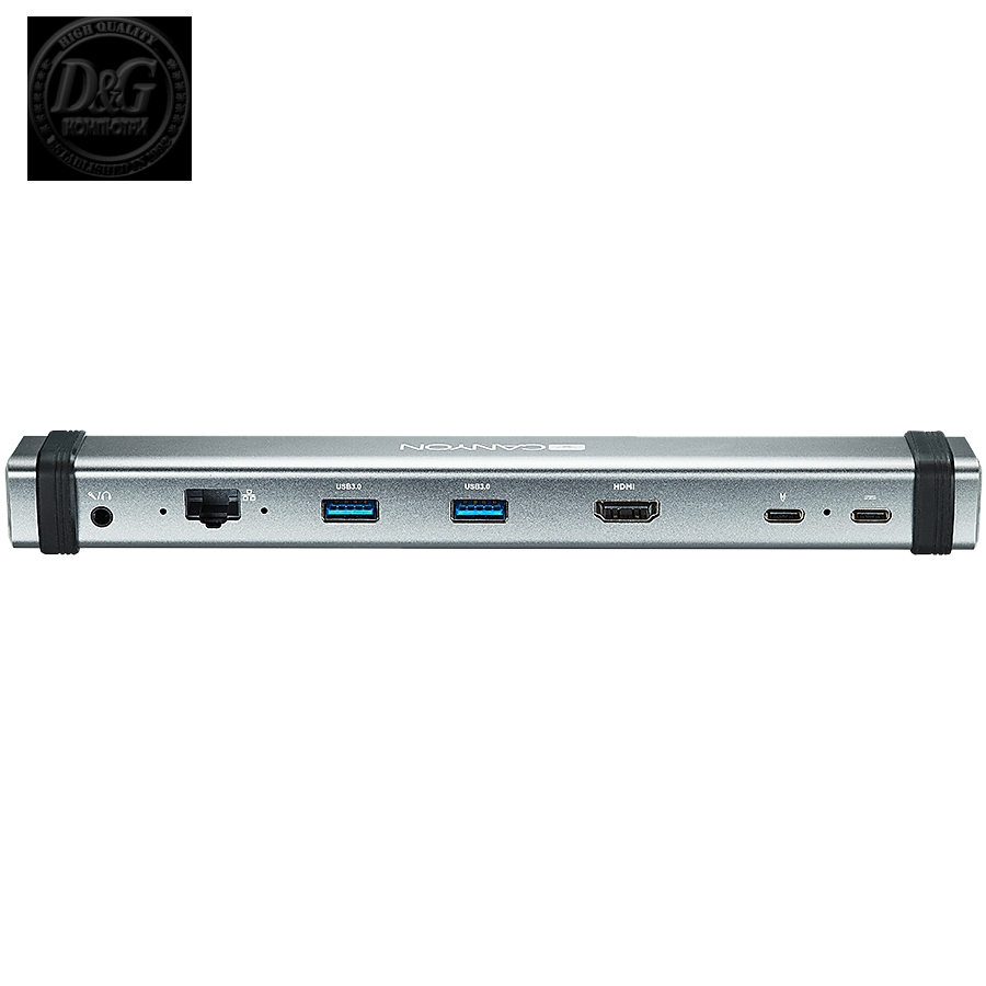 CANYON DS-6 Multiport Docking Station with 7 ports: 2*Type C+1*HDMI+2*USB3.0+1*RJ45+1*audio 3.5mm, Input 100-240V, Output USB-C PD 5-20V/3A&USB-A 5V/1A, with type c to type c cabel 0.3m, Space gray, 226*33.7*24mm, 0.174kg