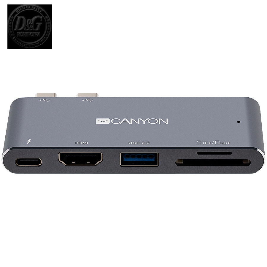 CANYON DS-5 Multiport Docking Station with 5 port, with Thunderbolt 3 Dual type C male port, 1*Thunderbolt 3 female+1*HDMI+1*USB3.0+1*SD+1*TF. Input 100-240V, Output USB-C PD100W&USB-A 5V/1A, Aluminium alloy, Space gray, 90*41*11mm, 0.04kg