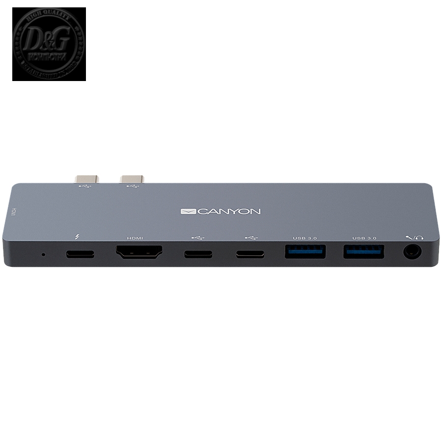 CANYON DS-8 Multiport Docking Station with 8 port, 1*Type C PD100W+2*Type C data+2*HDMI+2*USB3.0+1*Audio. Input 100-240V, Output USB-C PD100W&USB-A 5V/1A, Aluminium alloy, Space gray, 135*48*10mm, 0.056kg