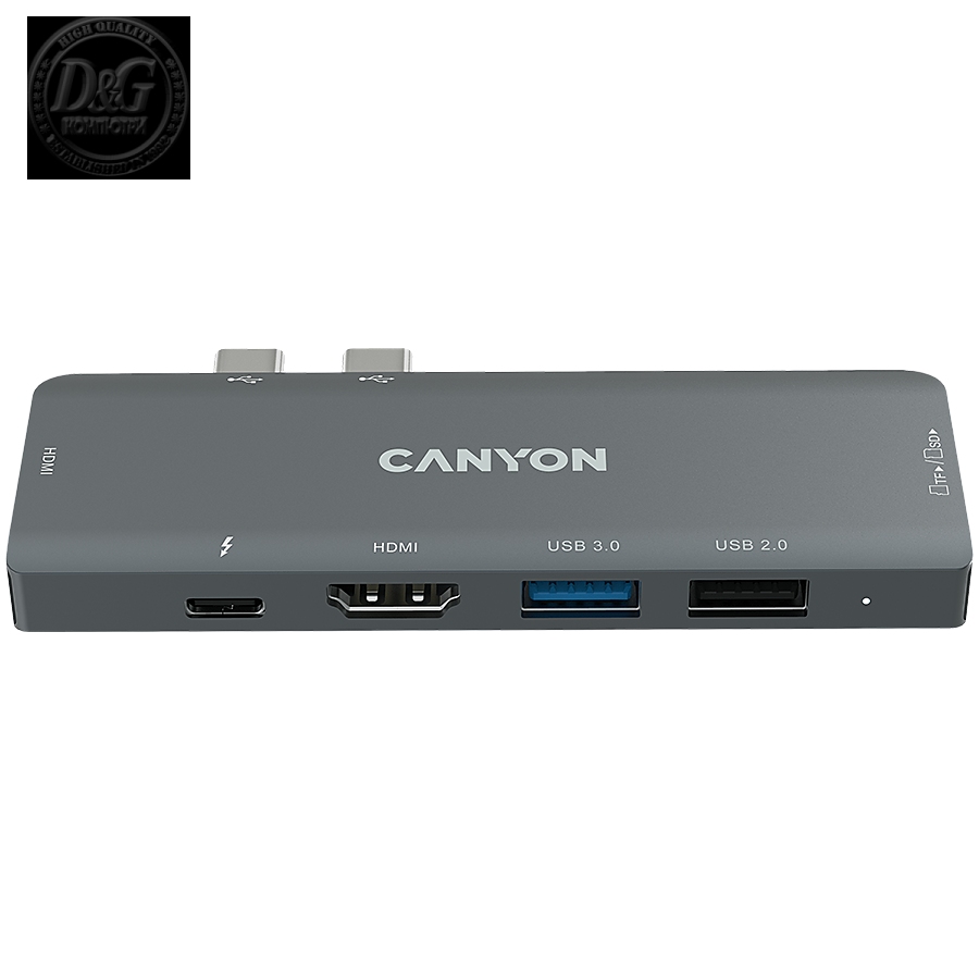 Canyon DS-05B Multiport Docking Station with 7 port, 1*Type C PD100W+2*HDMI+1*USB3.0+1*USB2.0+1*SD+1*TF. Input 100-240V, Output USB-C PD100W&USB-A 5V/1A, Aluminum alloy, Space gray, 104*42*11mm, 0.046kg(Generation B)