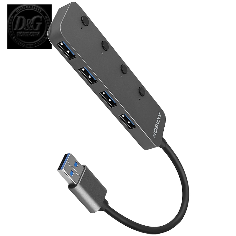 AXAGON HUE-MSA 4x USB3.2 Gen 1 SWITCH hub, metal, micro USB power IN, 20cm USB-A cable