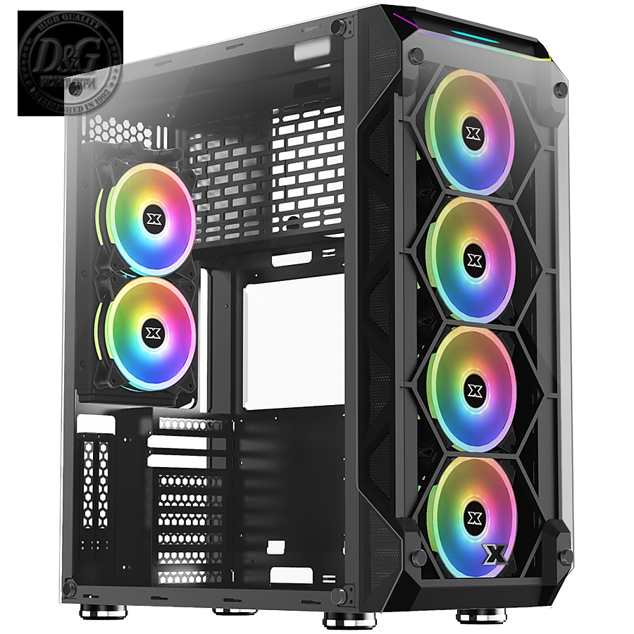 Chassis Overtake EN43477, E-ATX, ATX, M-ATX, USB3.0x2, USB2.0x2, Front & Left & Right Tempered Glass, Rainbow LED Bar, 6PCS CY120 Fans (Frontx4 & Rearx2)
