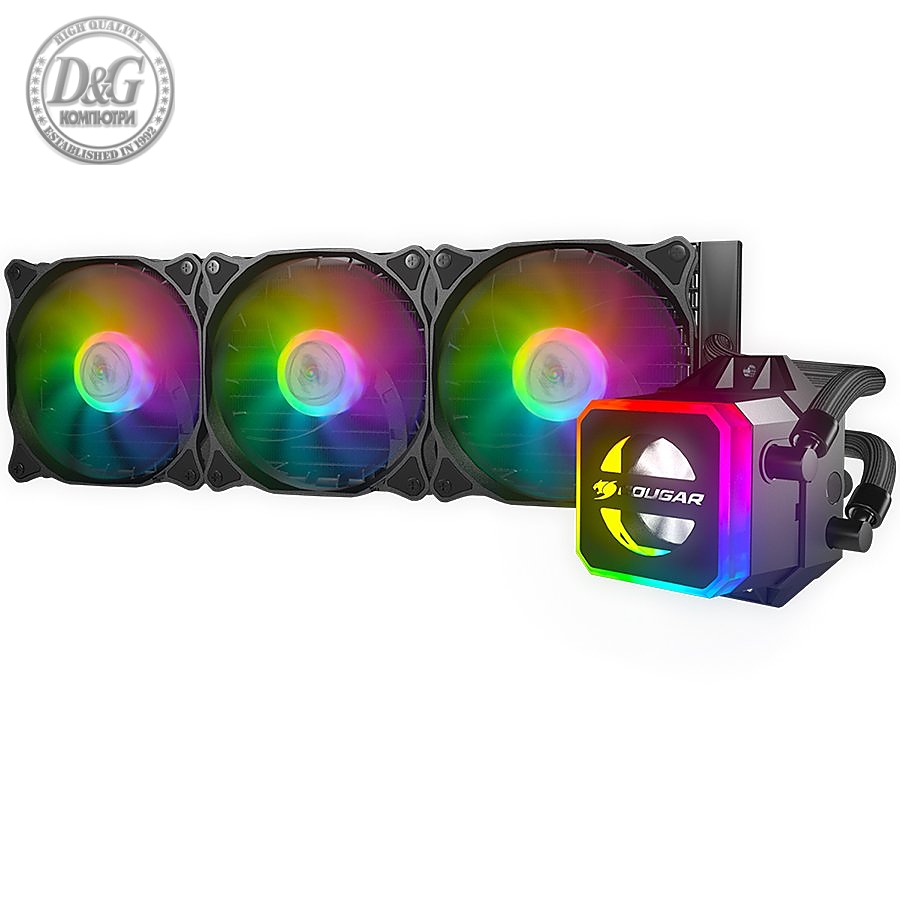 COUGAR Helor 360Liquid Cooling,Copper with Nickel Plating,Pump Speed 2700 ± 10% R.P.M, Aluminum material, 12 Addressable RGB LEDs (5V), Radiator Type 360mm,Fan Model	Vortex Omega 120,Fan Quantity 3,Hydro-Dynamic Bearing