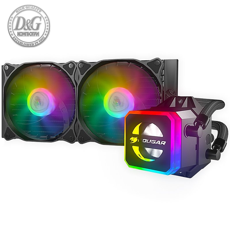 COUGAR Helor 240 Liquid Cooling,Copper with Nickel Plating,Pump Speed 2700 ± 10% R.P.M, Aluminum material, 12 Addressable RGB LEDs (5V), Radiator Type 240mm,Fan Model	Vortex Omega 120,Fan Quantity 2,Hydro-Dynamic Bearing