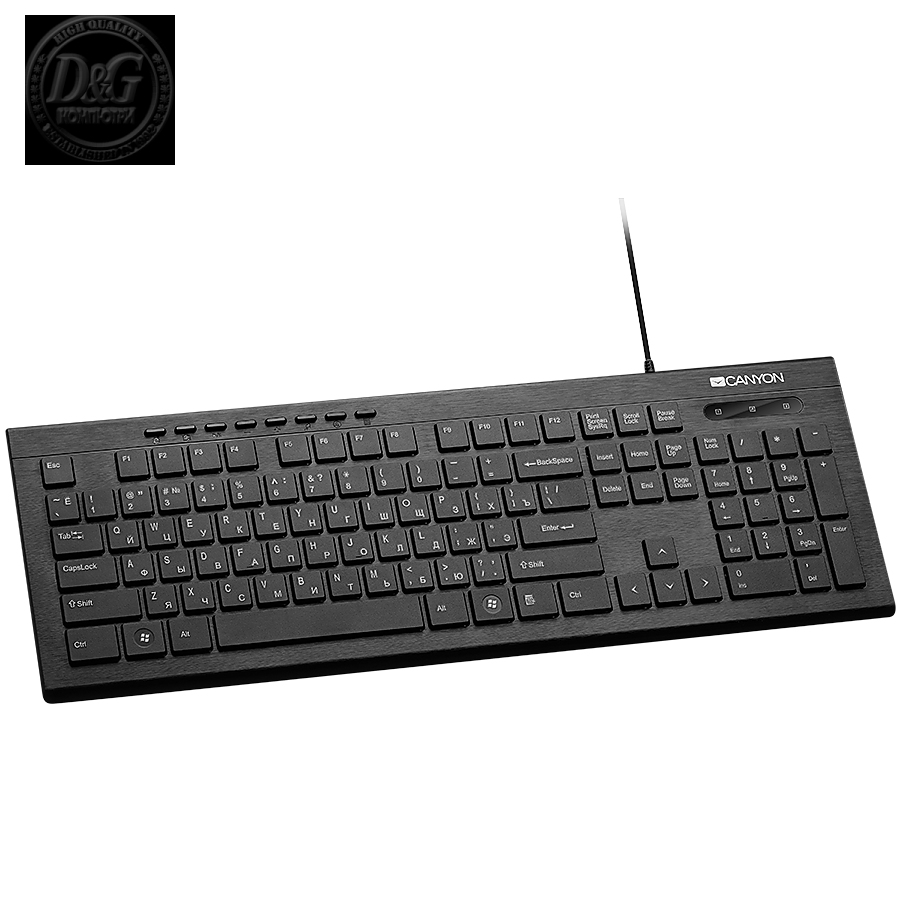 CANYON Multimedia wired keyboard, 105 keys, slim and brushed finish design, white backlight, chocolate key caps, BG layout (black)