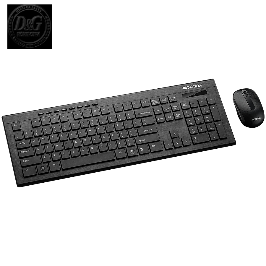 CANYON Multimedia 2.4GHZ wireless combo-set, keyboard 105 keys, slim and brushed finish design, chocolate key caps, BG layout (black); mouse adjustable DPI 800-1200-1600, 3 buttons (black)