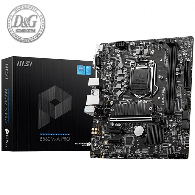 MSI B560M-A PRO,mATX,Socket 1200,Intel® B560 chipset,Dual Channel DDR4 5200(OC)MHz,1x PCIe x16 slot,1x HDMI 2.0b,1x VGA port,Audio 7.1,2.5Gbps LAN,1x M.2 slot,2xUSB 2.0 Type-A,4xUSB 3.2 Gen 1,