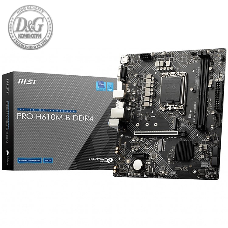 MSI PRO H610M-B DDR4, mATX, Socket 1700, Dual Channel DDR4 3200MHz, 1x PCIe x16 slot, 1x M.2 slot, 1x HDMI, 1x VGA, 2x USB 3.2 Gen 1, 4x USB 2.0, 7.1 HD Audio, 1Gbps LAN, 3Y