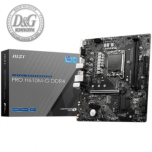 MSI PRO H610M-G DDR4, mATX, Socket 1700, Dual Channel DDR4 3200MHz, 1x PCIe x16 slot, 1x M.2 slot, 1x HDMI, 1x VGA, 1x DP, 2x USB 3.2 Gen 1, 4x USB 2.0, 7.1 HD Audio, 1Gbps LAN, 3Y