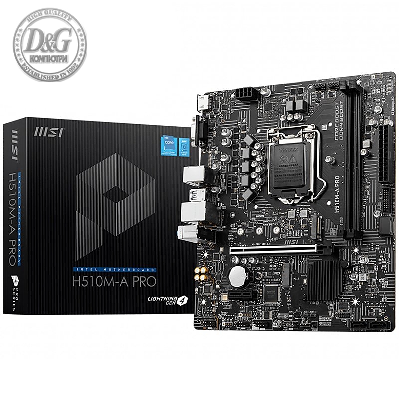 MSI H510M-A PRO,mATX,Socket 1200,Intel® H510 Chipset,Dual Channel DDR4 3200(MAX) MHz,1x PCIe x16 slot,1x HDMI 2.0b,1x VGA port,1x M.2 slot,2xUSB 3.2 Gen 1,2xUSB 2.0,Audio - 7.1,1Gbps LAN