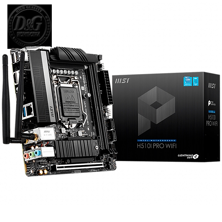 MSI H510I PRO WIFI,m-ITX,Socket 1200,Intel H510 Chipset,2 DIMMs, Dual Channel DDR4 up to 3200 MHz,1x PCIe x16 slot,1x M.2 slot,2x USB 3.2 Gen 1,4x USB 2.0,1x HDMI,1x DP,WiFi,2.5G LAN,7.1 Audio,3y warranty