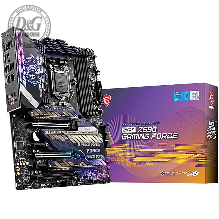 MSI MPG Z590 GAMING FORCE,ATX,Socket 1200,Intel Z590 Chipset,4 DIMMs, Dual Channel DDR4 up to 5333(OC)MHz,3x PCIe x16 slots,3x M.2 slots,1x USB3.2 Gen2x2 Type-C,3x USB 3.2 Gen 2,4x USB 3.2 Gen 1,1x HDMI,1x DP,2.5G LAN,7.1 Audio,3y warranty