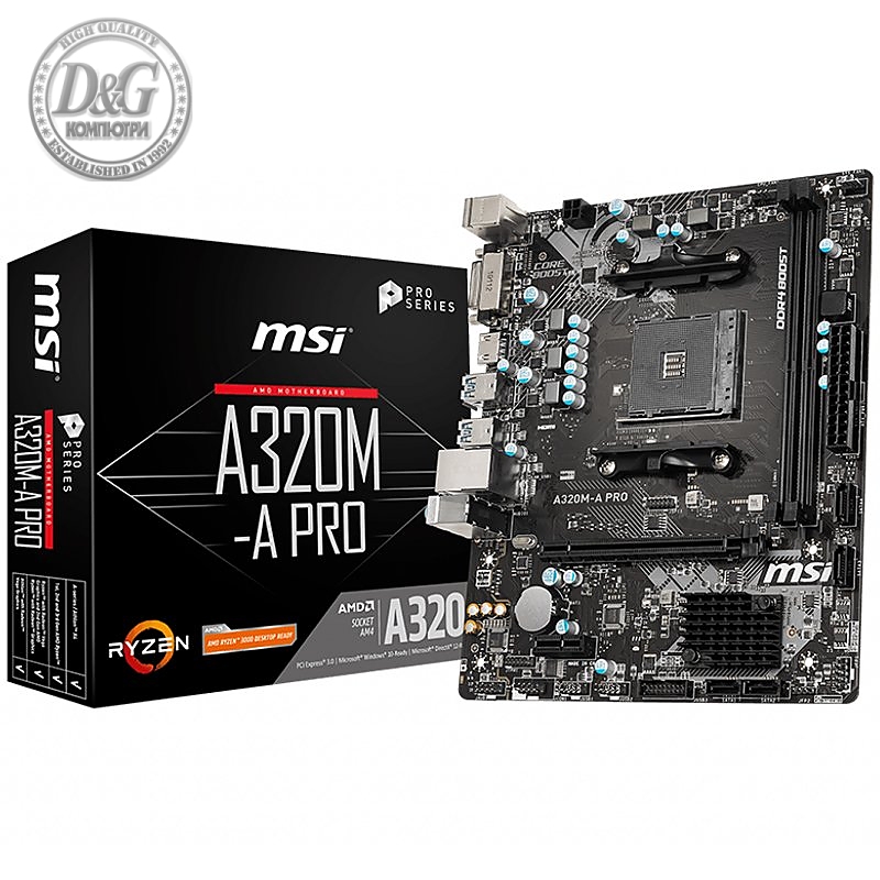 MSI A320M-A PRO,m-ATX,Socket AM4,AMD A320 Chipset,2 DIMMs,Dual Channel DDR4 up to 3200(OC)MHz,1x PCI-E 3.0 x16 slot,4x USB 3.2 Gen1,2x USB 2.0,1x HDMI,1x DVI-D,Gigabit LAN,7.1 HD Audio, 3y warranty