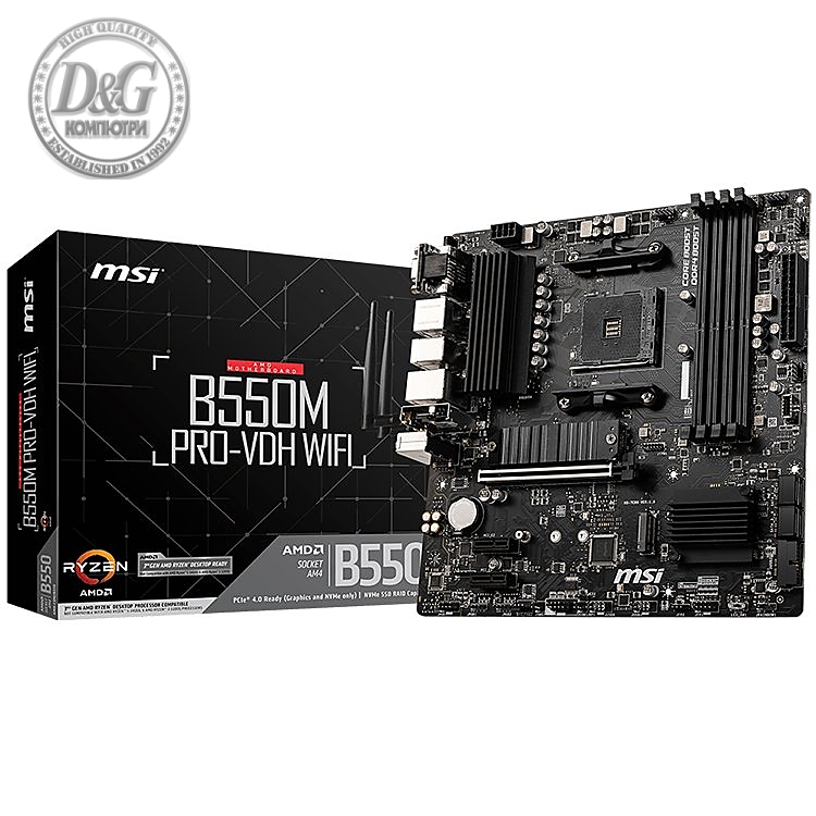 MSI B550M PRO-VDH WIFI,m-ATX,Socket AM4,AMD B550 Chipset,4 DIMMs,Dual Channel DDR4 up to 4400+(OC)MHz,1x PCIe 4.0/3.0 x16 slot,2x M.2 slots,4x USB 3.2 Gen 1,2x USB 2.0,1x HDMI,1x DP,1x VGA,WiFi,1G LAN,7.1 Audio,3y warranty