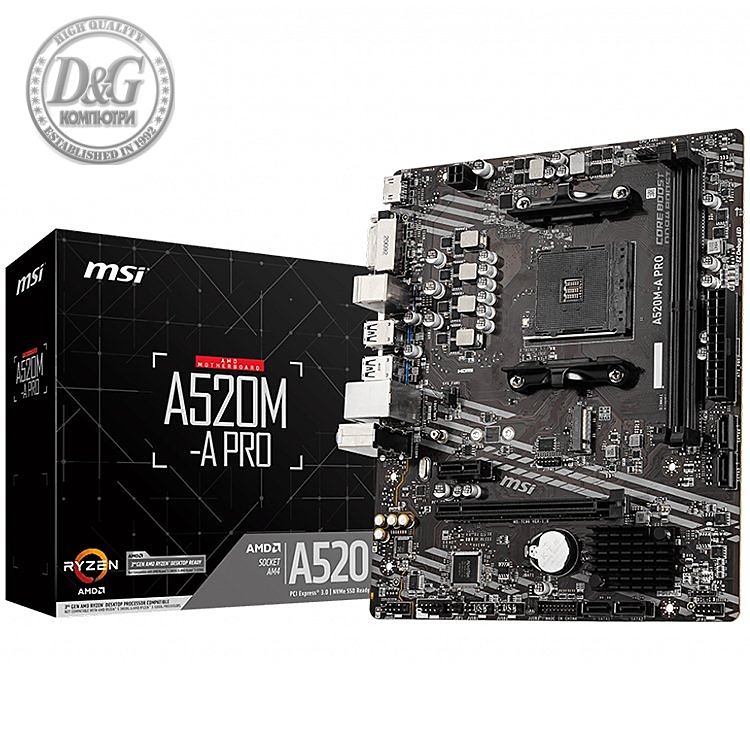 MSI Main Board Desktop A520M-A PRO (A520, AM4, 2xDDR4, 1x PCI-E 3.0 x16 slot,1x M.2 slot,4x USB 3.2 Gen1,2x USB 2.0,1x HDMI,1x DVI-D,Gigabit LAN,7.1 HD Audio, mATX, Retail)