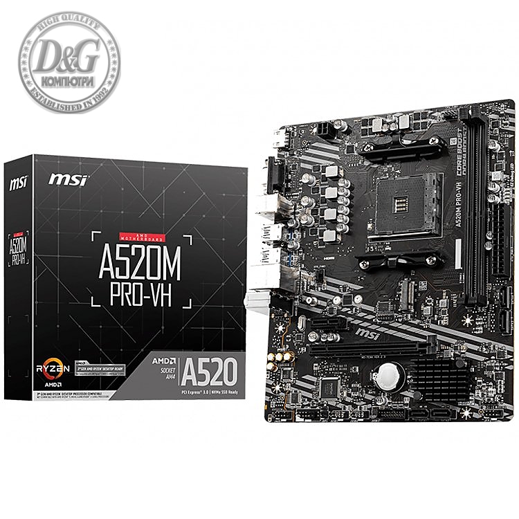 MSI A520M PRO-VH, mATX, Socket AM4, Dual Channel DDR4 4600+(A-XMP OC), 1x PCIe 3.0 x16 slot, 1x M.2 slot, 1x HDMI, 1x VGA, 4x USB 3.2 Gen 1, 2x USB 2.0, 7.1 HD Audio, 1Gbps LAN, 3Y