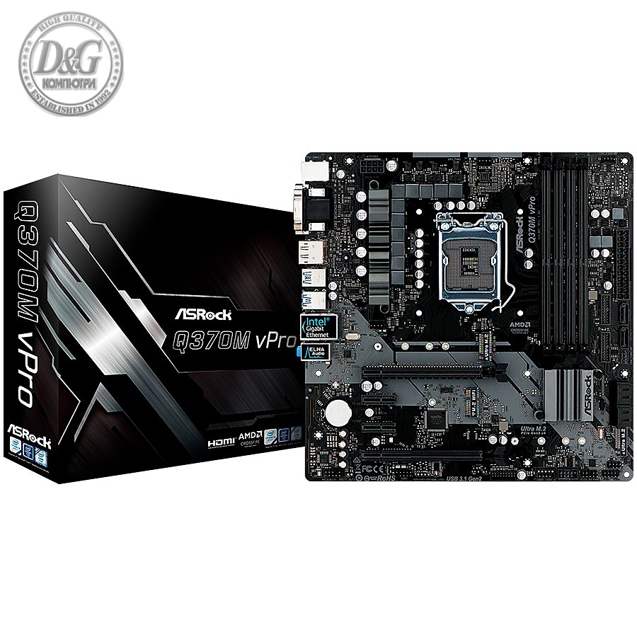 ASROCK Main Board Desktop Q370M (s1151, 4xDDR4,2xPCI 3.0x16, 2xPCI Ex1,SATA III,1xM.2,1xUlraM.2,USB3.0,USB3.1,GLAN,VGA,DVI,HDMI) mATX Retail