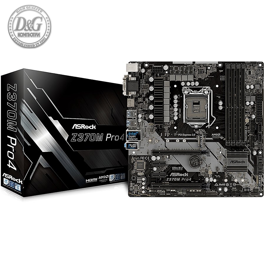 ASROCK Main Board Desktop Z370 (S1151, 4xDDR4,2xPCIe x16,2xPCI Ex1, 6 SATA3, 1xUltra M.2 ,GLAN,VGA, DVI, HDMI, USB 3.1 ) mATX retail