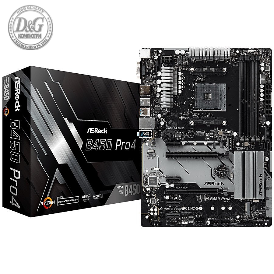 ASROCK Main Board Desktop B450 PRO4 (AM4 B450, 4xDDR4, HDMI/DP/D-Sub, 2 PCIe 3.0 x16, 4 PCIe 2.0 x1, 2xM.2, 6 SATA3, Type -C, 7 USB,  1xCOM Port Header), ATX retail