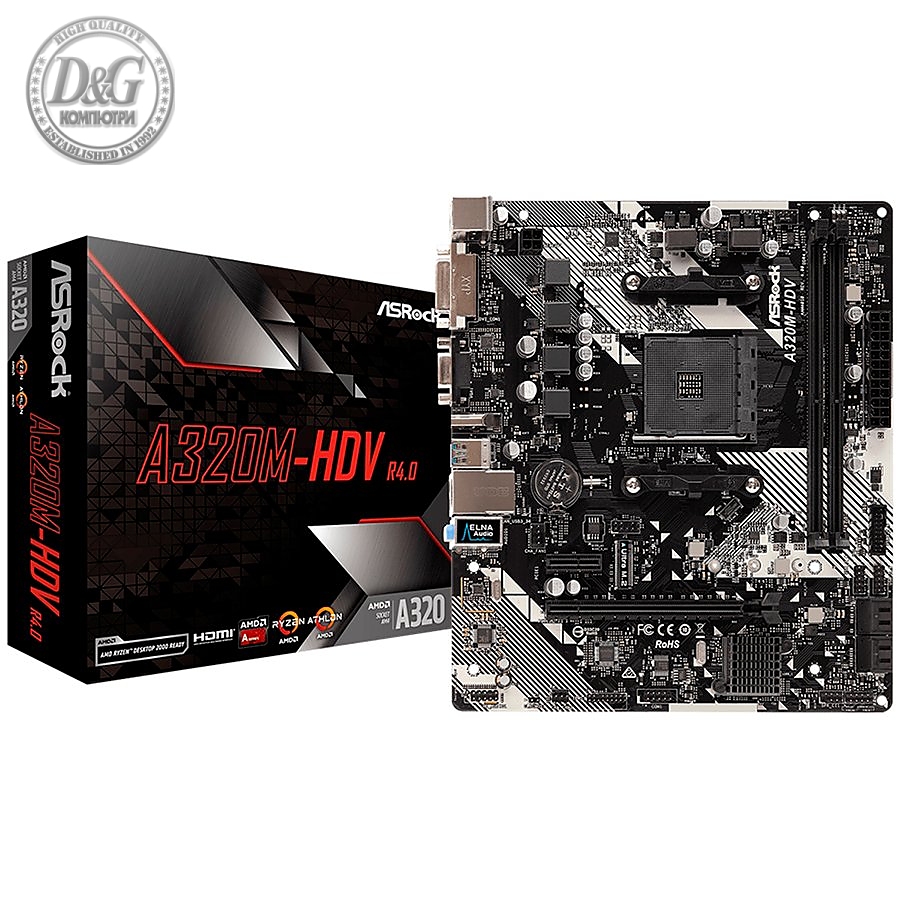 ASROCK Main Board Desktop AM4 A320, 2xDDR4, 1xPCI-E x1, 1xPCI-E x16, HDMI, DVI-D, D-Sub, 4 SATA3, 1 Ultra M. , 6 USB 3.0 (2 Front, 4 Rear)