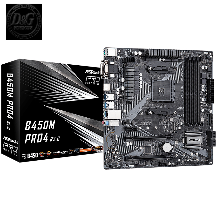 ASROCK Main Board Desktop B450M PRO4 (AM4, 4xDDR4, 1x PCIe 3.0 x16, 1x PCIe 2.0 x16, 1x PCIe 2.0 x1, 4x SATA III, RAID 0,1,10, 1x Ultra M.2 PCIe Gen3 x4, 1x M.2 SATA3, 1x COM Port header, 8x USB 3.0, GLAN, VGA, HDMI, DVI) mATX, Retail