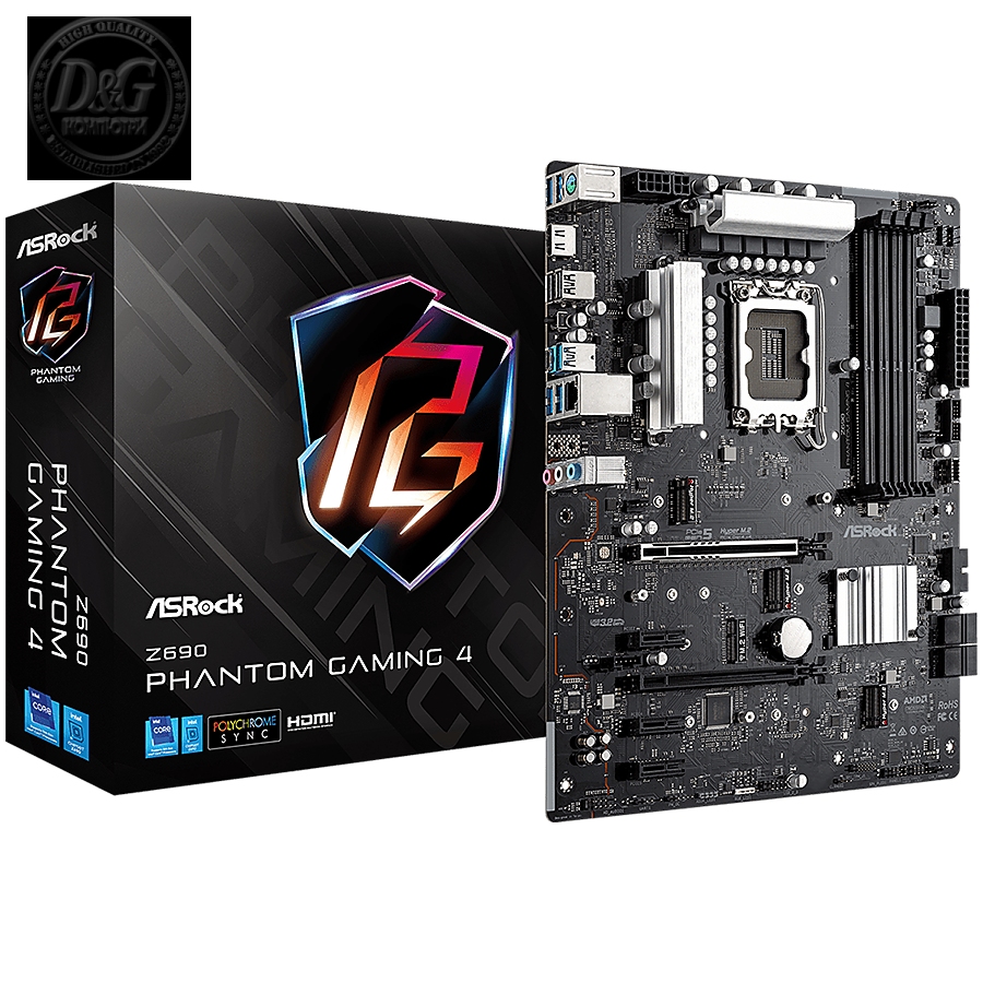 ASROCK Main Board Desktop Z690 Phantom Gaming 4 (S1700, Z690, 4x DDR4, 2x PCIe x16, 3x PCIe x1, 4x SATA3 6.0Gb/s, 2x m.2 PCIe Gen4x4, RAID 0,1,5,10, 10x USB 3.2, 1x USB-C 1x RJ-45 2.5G Lan, HDMI, DP, ATX, Retail