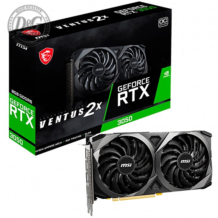 MSI Video Card NVidia GeForce RTX 3050 VENTUS 2X 8G OC, 8GB GDDR6, 128bit, Effective Memory Clock: 14000MHz, Boost: 1807MHz, 2560 CUDA Cores, PCI-E 4.0 x8, 3x DP, HDMI 2.1, RAY TRACING, TORX Fan 3.0, 550W Recommended PSU, Backplate, 3Y