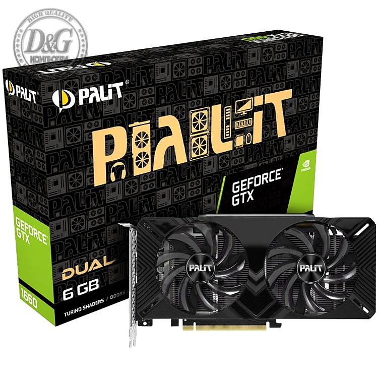 Palit GeForce GTX 1660 Dual 6GB GDDR5, 192bit, DVI-D x2, DP1.4a x1, HDMI2.0b x1, power consumption 120W.